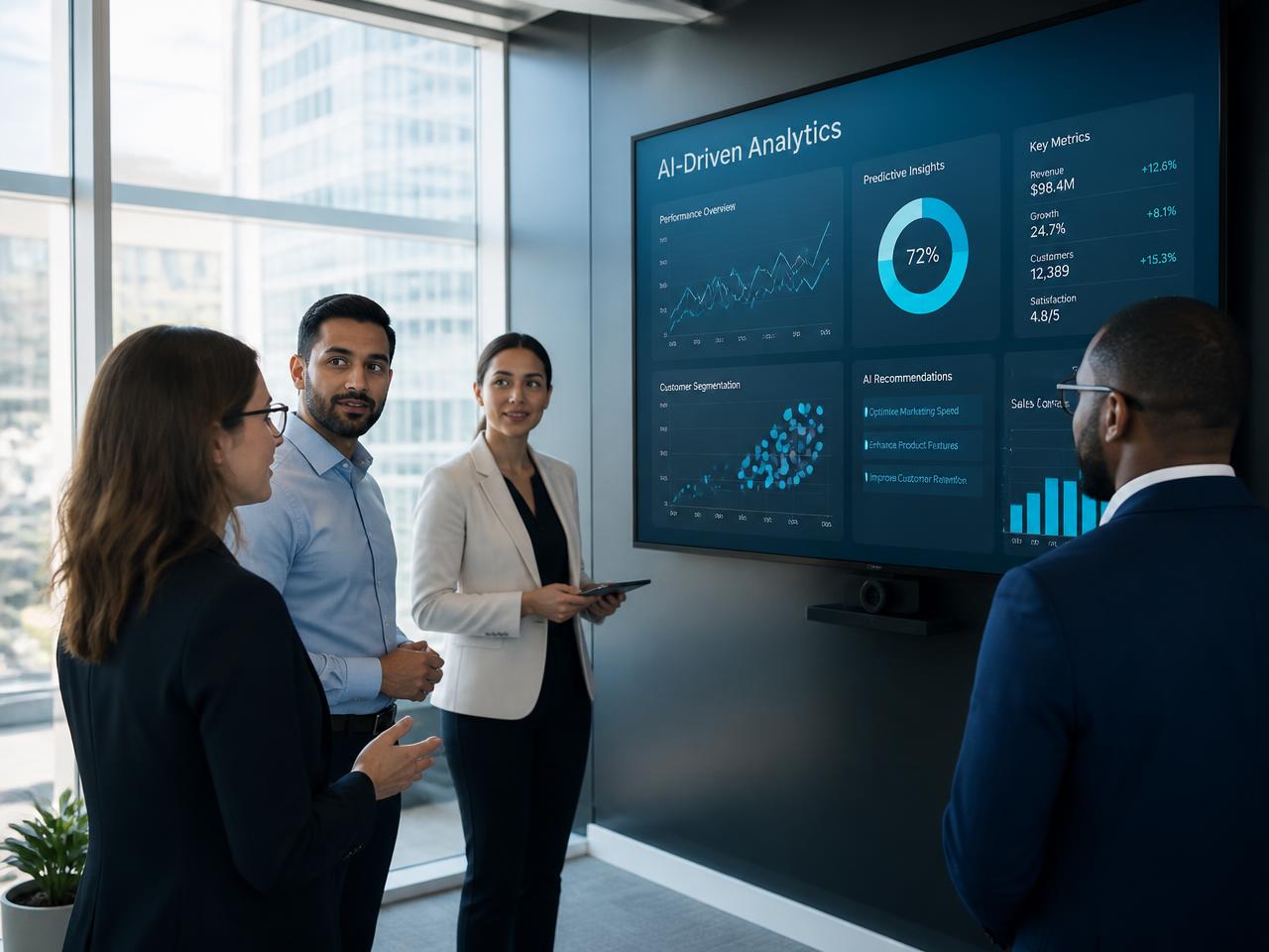 Team reviewing AI-driven analytics together