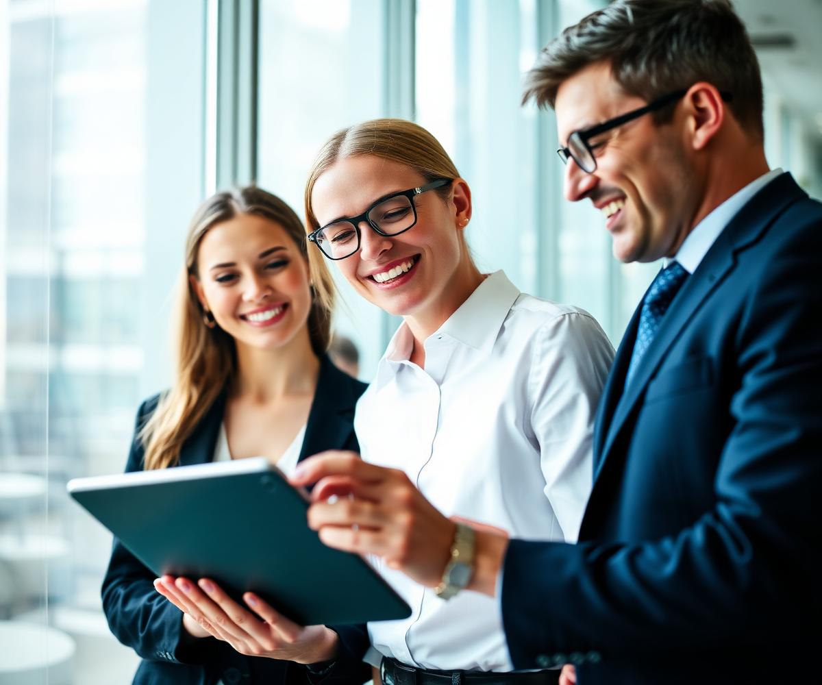 Business professionals collaborating around technology